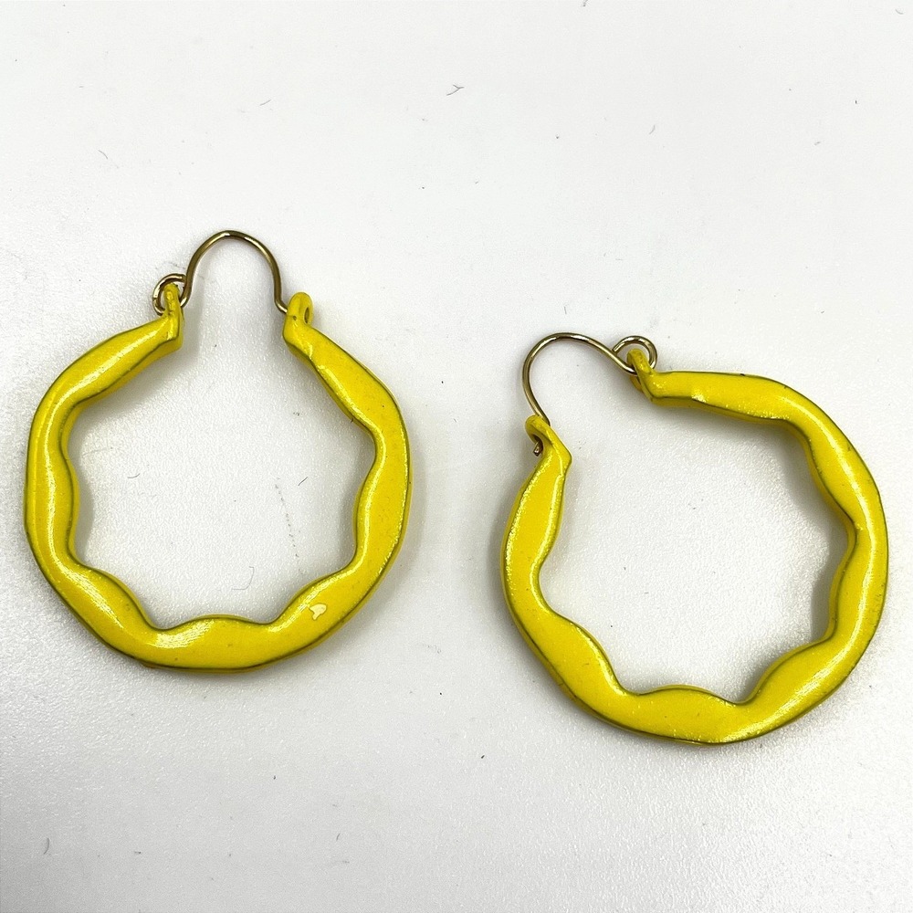 Vintage Yellow Enamel Wavy Hoop Earrings Abstract Statement Boho Costume Jewelry